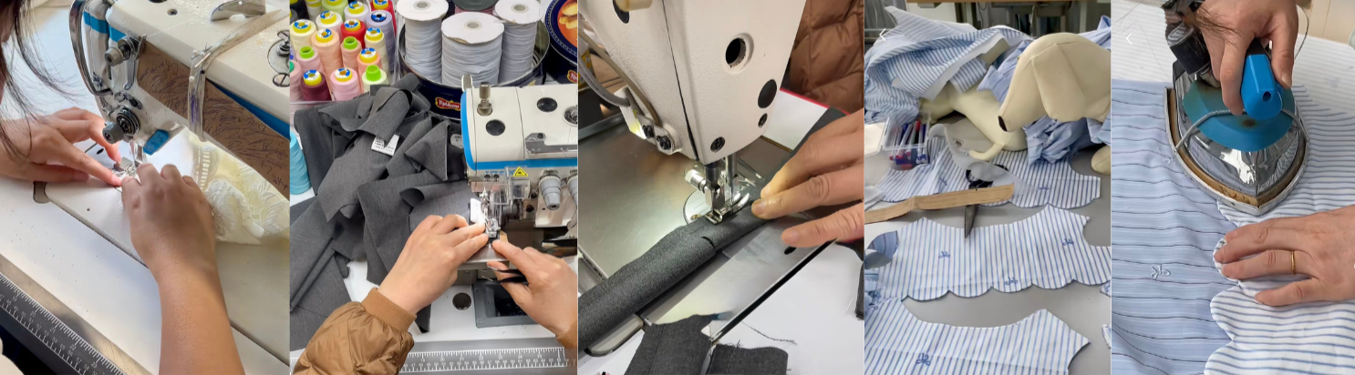 Collage of sewing and tailoring activities including a sewing machine, fabric, and iron.