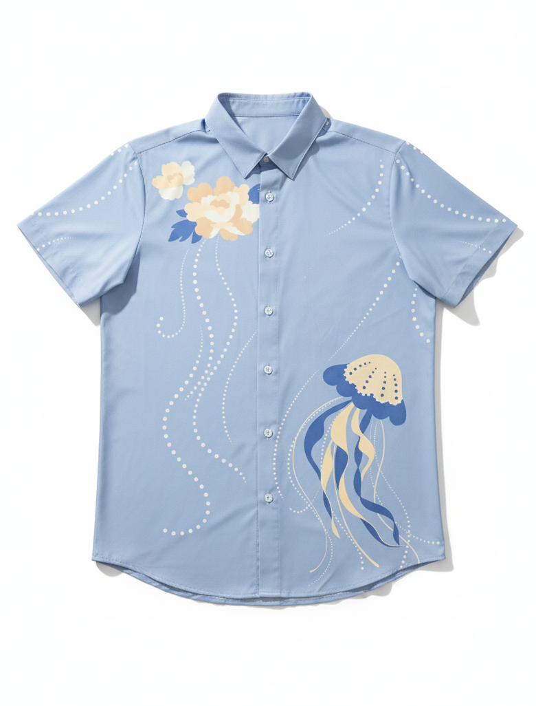 Light blue shirt with floral and jellyfish designs on a white background