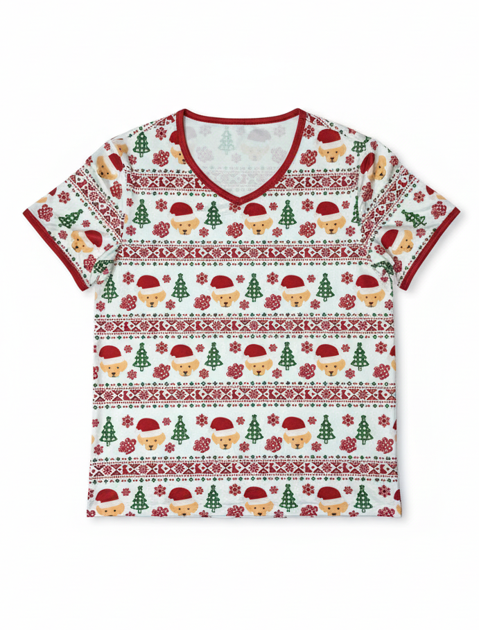 Christmas-themed t-shirt with pattern on a white background